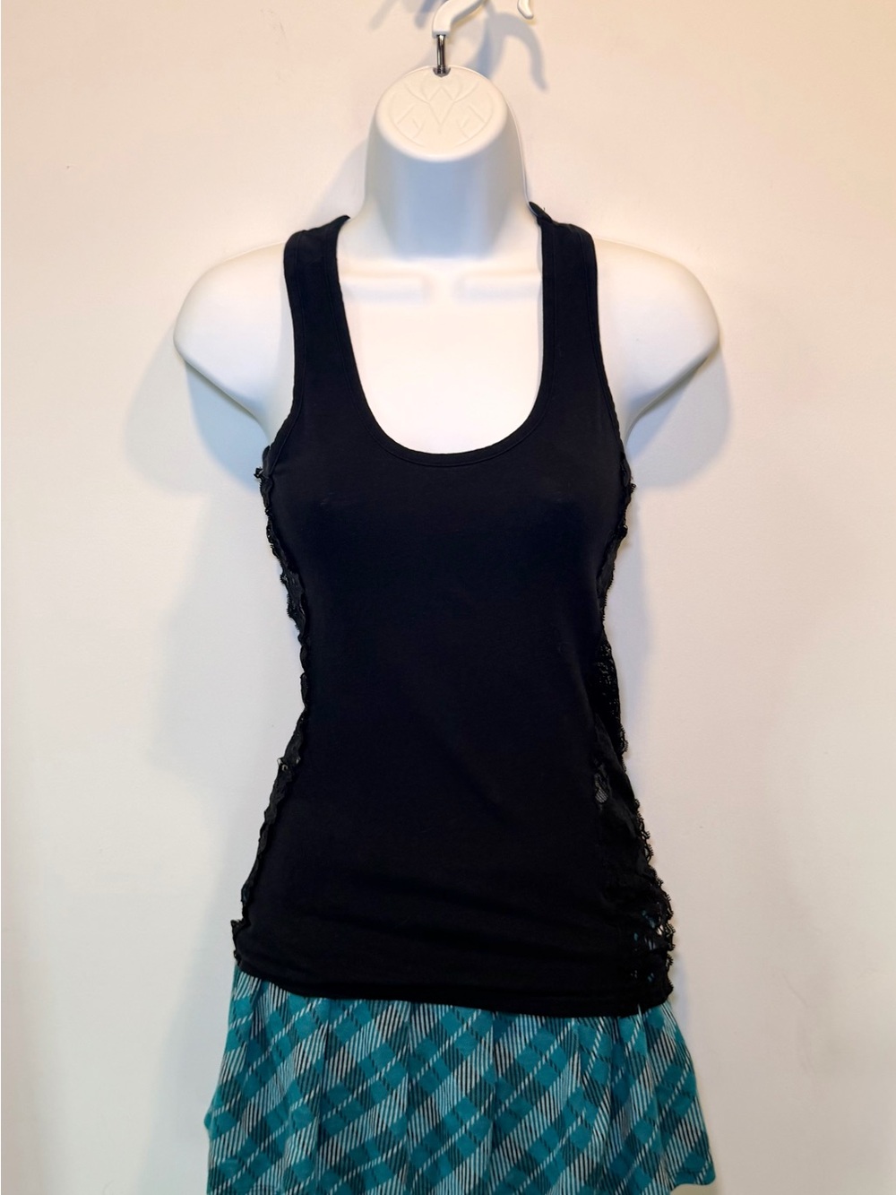 Black Racerback Tank Top Small Lace Side Panels Goth Y2K Dark Romantic Grunge